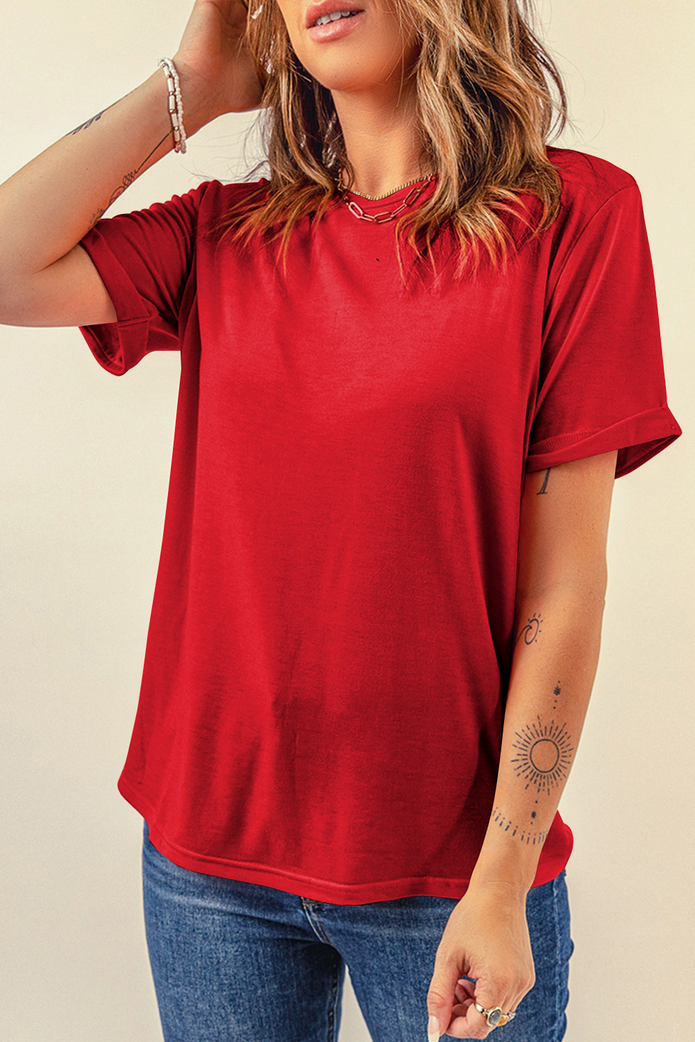 Red Casual Round Neck T-Shirt, Soft Comfortable Everyday Tee - Detail View 2 Red Casual Round Neck T-Shirt, Soft Comfortable Everyday Tee - Detail View 2