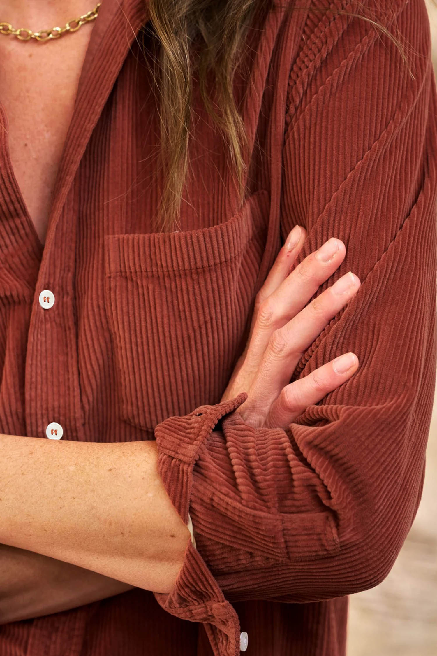 Women's Clay Corduroy Shirt Dress, Long Sleeve Casual Midi - Detail View 7 Women's Clay Corduroy Shirt Dress, Long Sleeve Casual Midi - Detail View 7