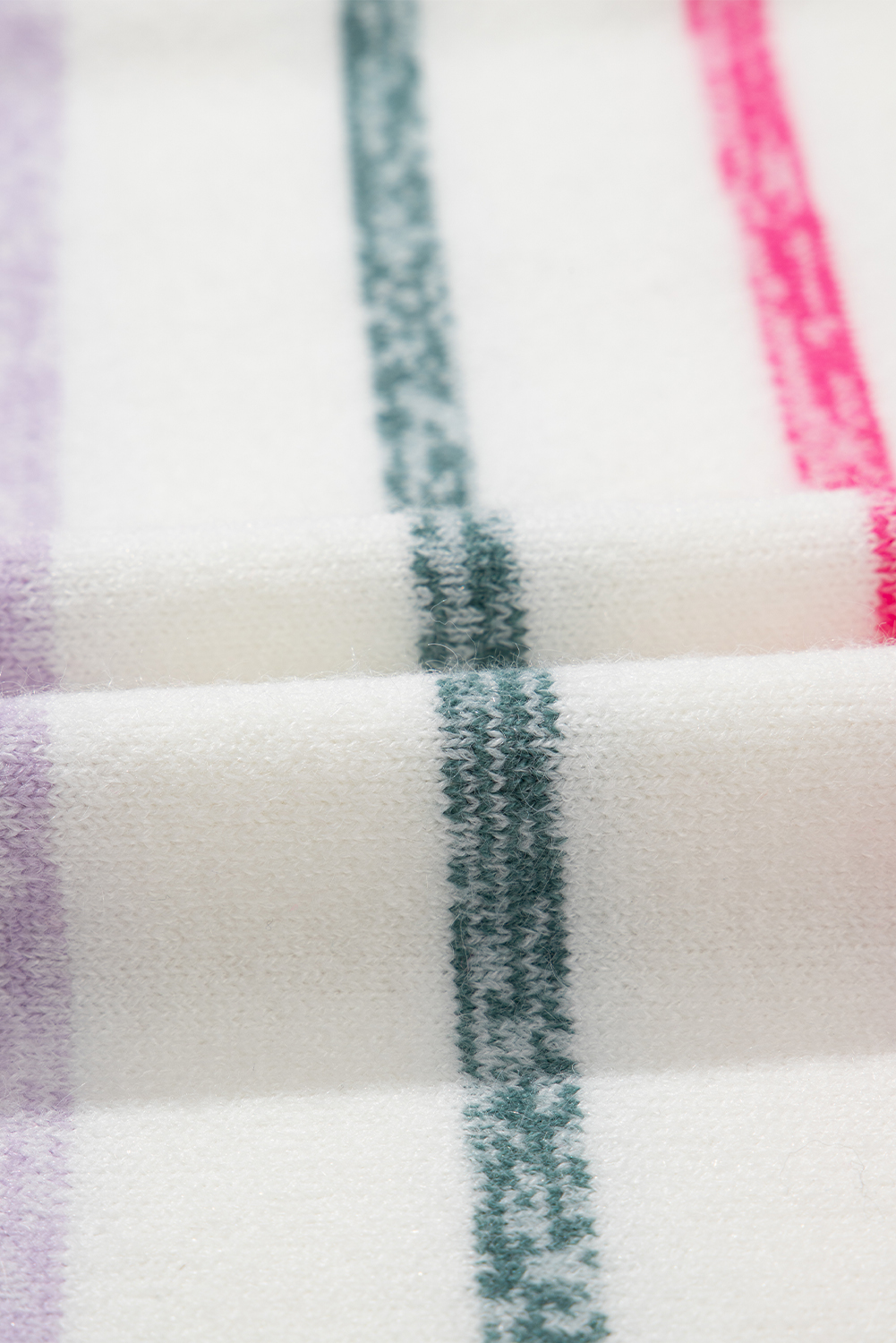 Chic Long Sleeve Round Neck Sweater: White Colorful Stripes - Detail View 17 Chic Long Sleeve Round Neck Sweater: White Colorful Stripes - Detail View 17