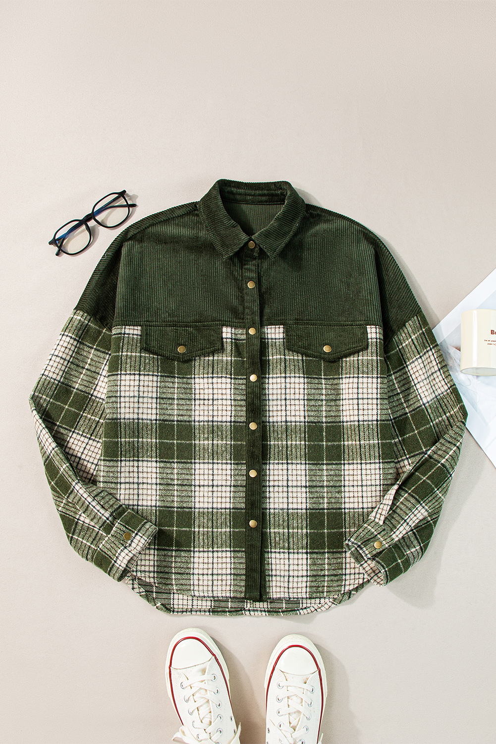 Add a touch of modern and eye-catching style to your wardrobe with this Women's Blackish Green Snap Buttons Colorblock Plaid Shacket. The jacket is combined with trendy corduroy patchwork, featuring a unique colorblock design for a contemporary and fashionable look. The convenient snap buttons provide easy closure and give the shacket a casual vibe. The classic shirt collar adds a touch of sophistication to the style, making it versatile for various occasions. Made from premium 100% polyester, this shacket ensures durability and comfort. The captivating plaid patterns and textures make it a standout piece in your outerwear collection. Perfect for the fall and autumn season, this shacket is a must-have for fashion-forward women who appreciate unique and stylish clothing choices. - Detail View 9 Add a touch of modern and eye-catching style to your wardrobe with this Women's Blackish Green Snap Buttons Colorblock Plaid Shacket. The jacket is combined with trendy corduroy patchwork, featuring a unique colorblock design for a contemporary and fashionable look. The convenient snap buttons provide easy closure and give the shacket a casual vibe. The classic shirt collar adds a touch of sophistication to the style, making it versatile for various occasions. Made from premium 100% polyester, this shacket ensures durability and comfort. The captivating plaid patterns and textures make it a standout piece in your outerwear collection. Perfect for the fall and autumn season, this shacket is a must-have for fashion-forward women who appreciate unique and stylish clothing choices. - Detail View 9