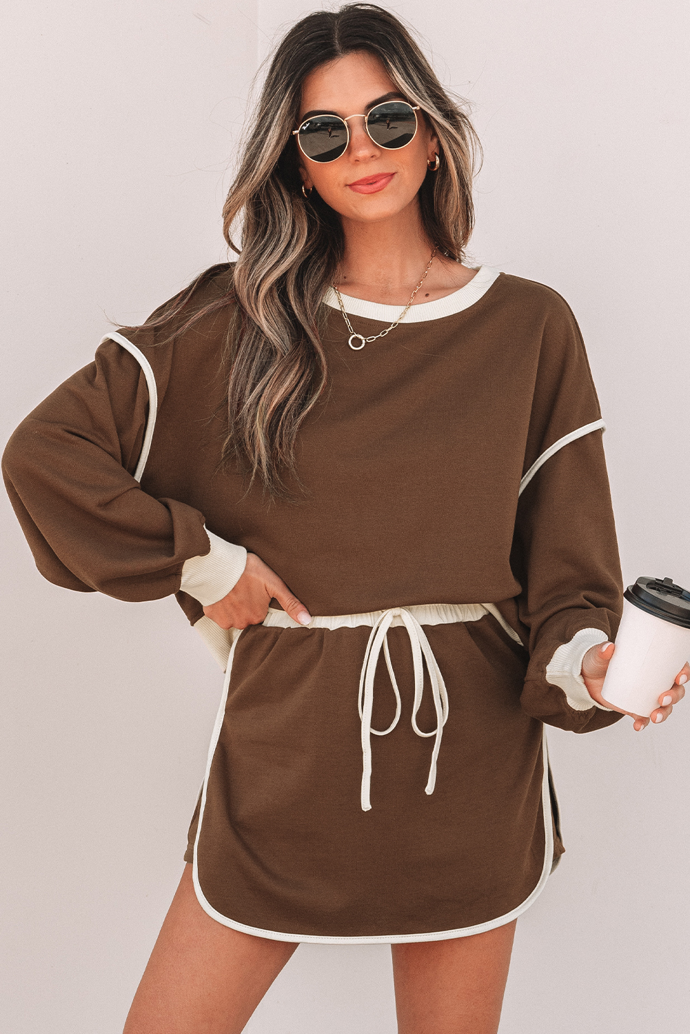 Women's Casual Skort Set, Coffee Contrast Pullover Outfit - Detail View 7 Women's Casual Skort Set, Coffee Contrast Pullover Outfit - Detail View 7