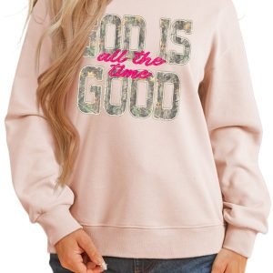 Women's Mock Neck Sweatshirt, Apricot Pink Camo Graphic Top - Main View