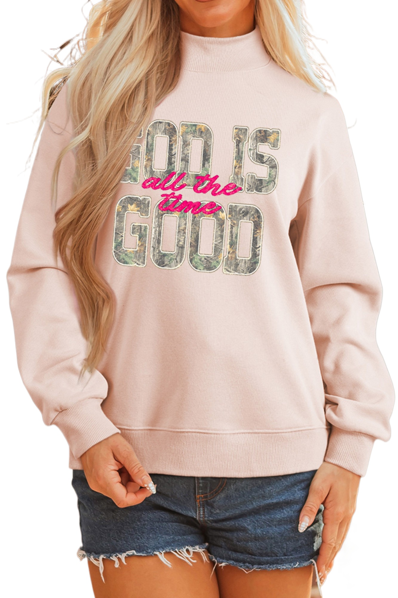 Women's Mock Neck Sweatshirt, Apricot Pink Camo Graphic Top - Main View Women's Mock Neck Sweatshirt, Apricot Pink Camo Graphic Top - Main View