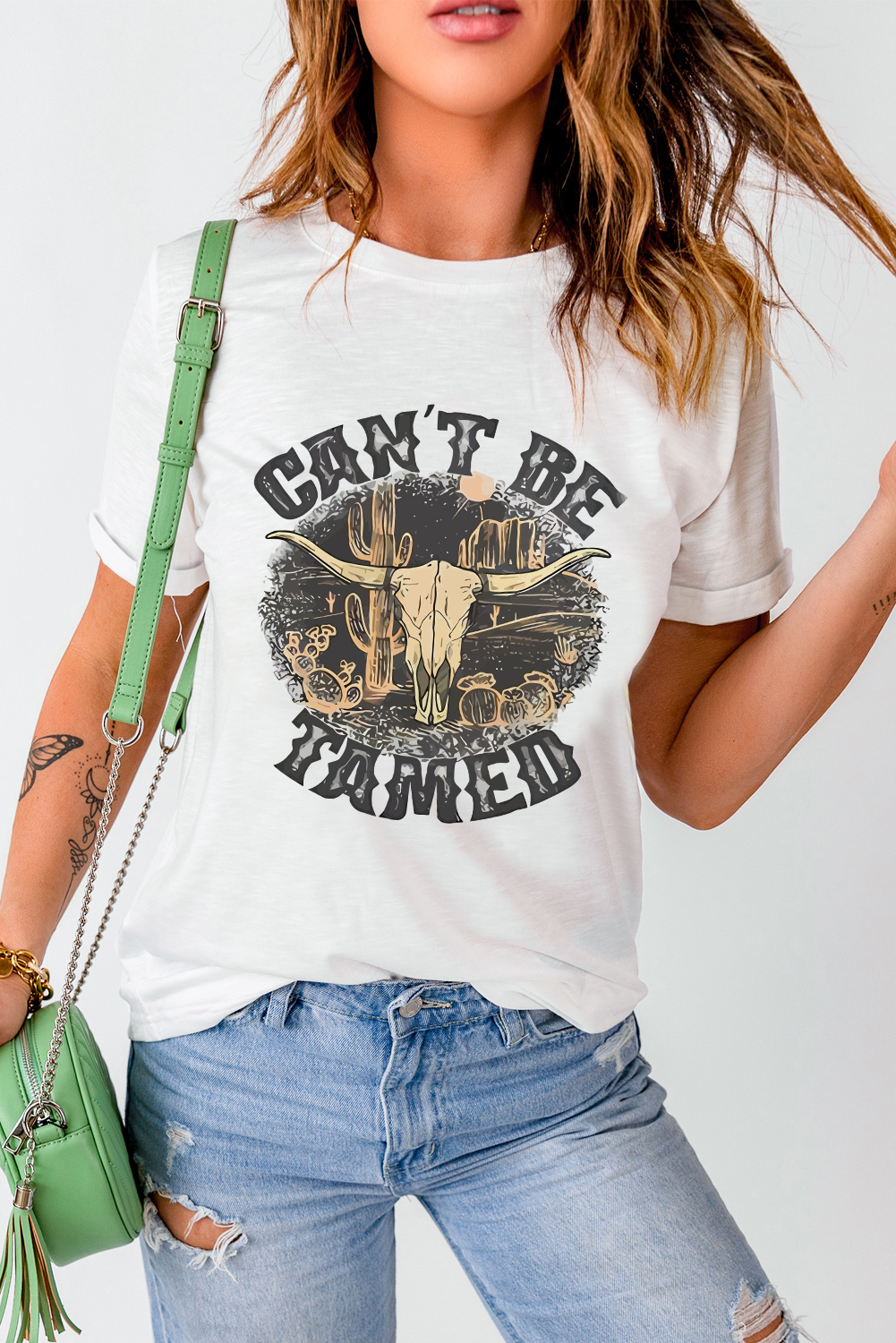 Graphic Western Tee - White Cant Be Tamed Steer Head Design - Detail View 7 Graphic Western Tee - White Cant Be Tamed Steer Head Design - Detail View 7