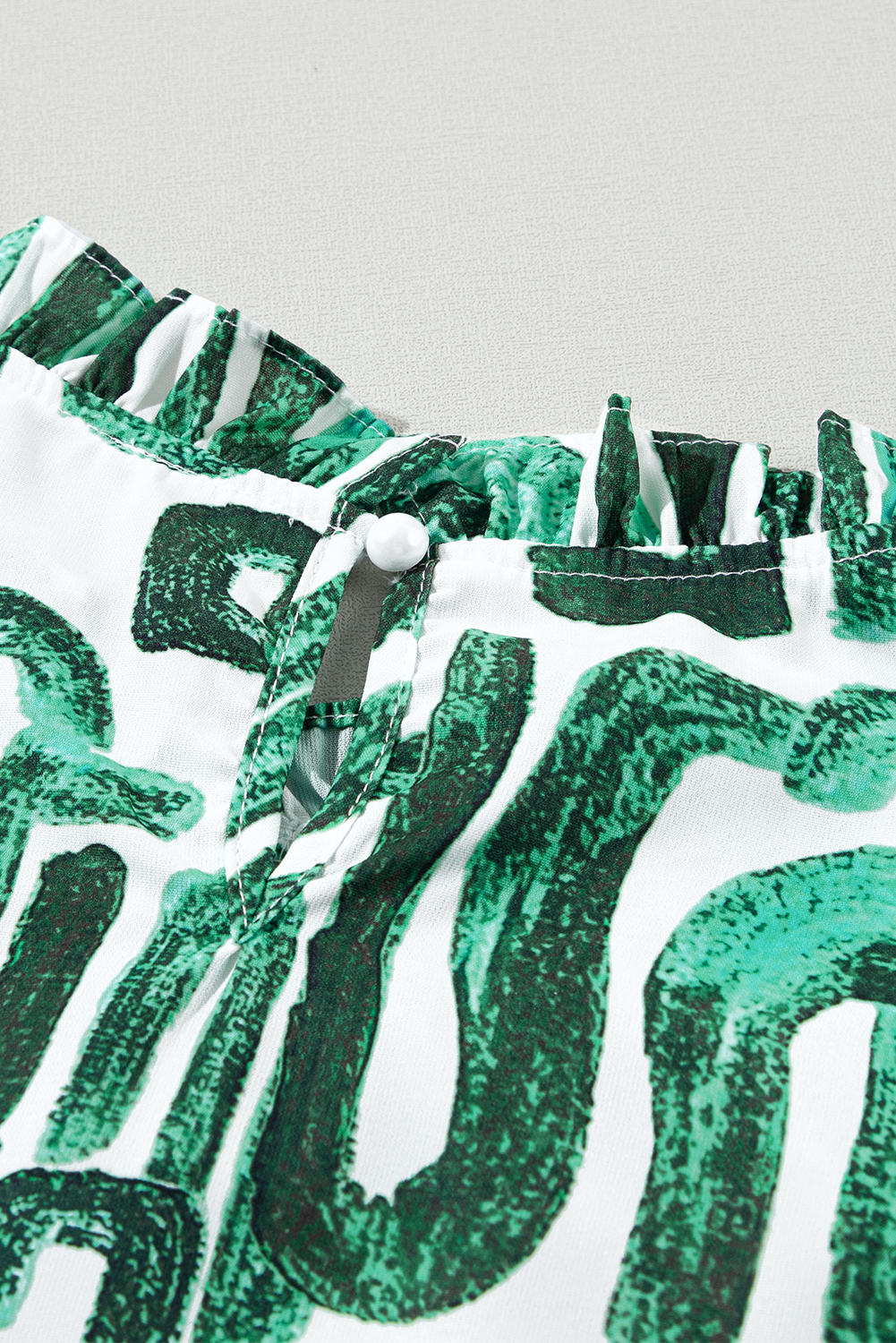 Women's Abstract Print Top, Green Puff Sleeve Summer Blouse - Detail View 10 Women's Abstract Print Top, Green Puff Sleeve Summer Blouse - Detail View 10