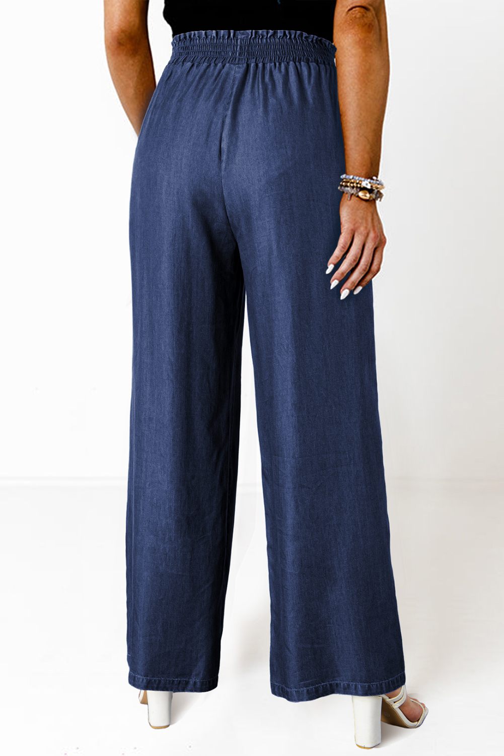 Women's Sail Blue Smocked High Waist Wide Leg Jeans with Side Pockets - Detail View 16 Women's Sail Blue Smocked High Waist Wide Leg Jeans with Side Pockets - Detail View 16
