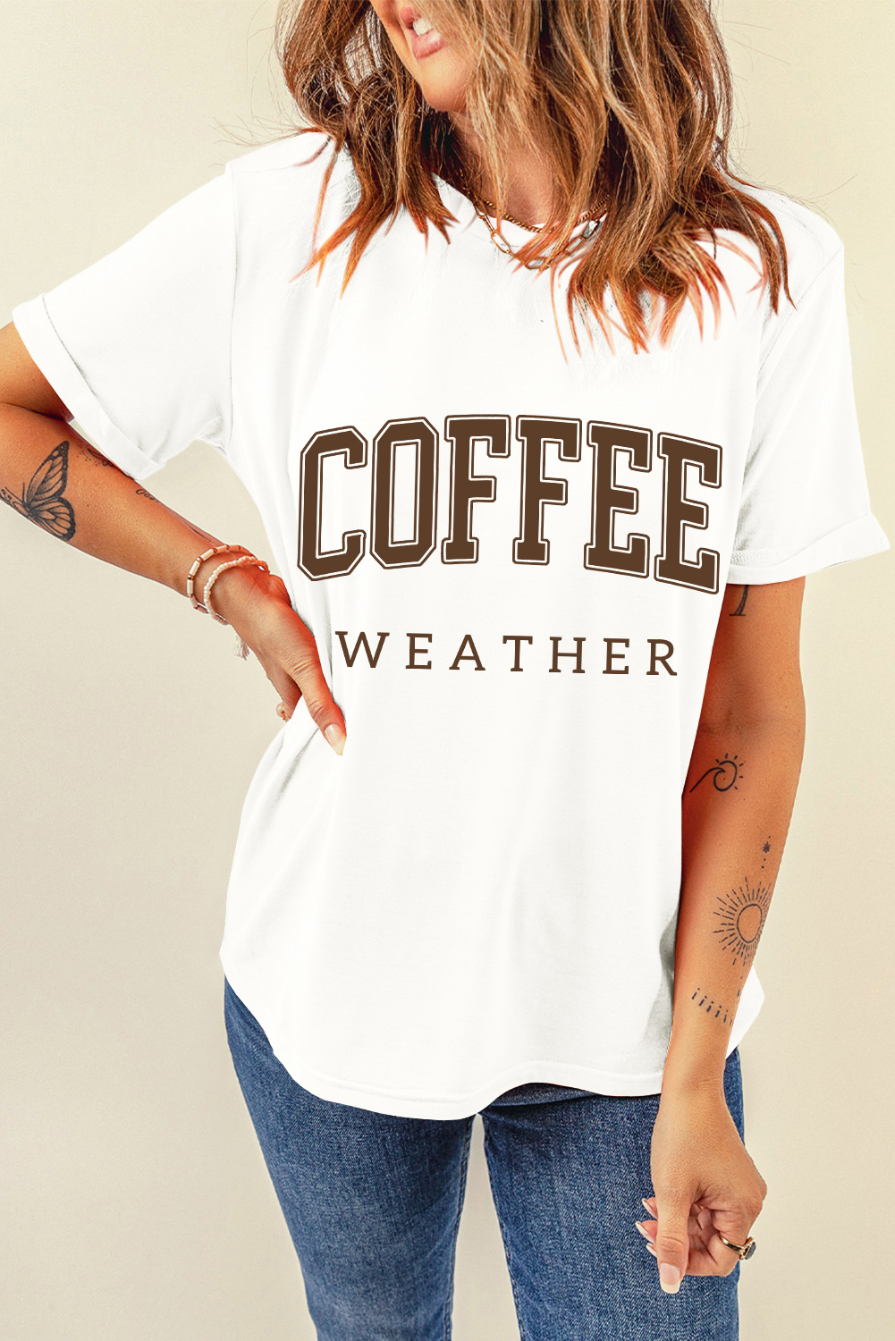 Women's T-Shirt, White Graphic Tee, COFFEE WEATHER, Round Neck, Short Sleeve, Casual Wear, Comfortable Fit, Coffee Lovers, Trendy Design, Daily Wear, Slogan Print, Versatile Style, Tops, Graphic Tees - Detail View 8 Women's T-Shirt, White Graphic Tee, COFFEE WEATHER, Round Neck, Short Sleeve, Casual Wear, Comfortable Fit, Coffee Lovers, Trendy Design, Daily Wear, Slogan Print, Versatile Style, Tops, Graphic Tees - Detail View 8