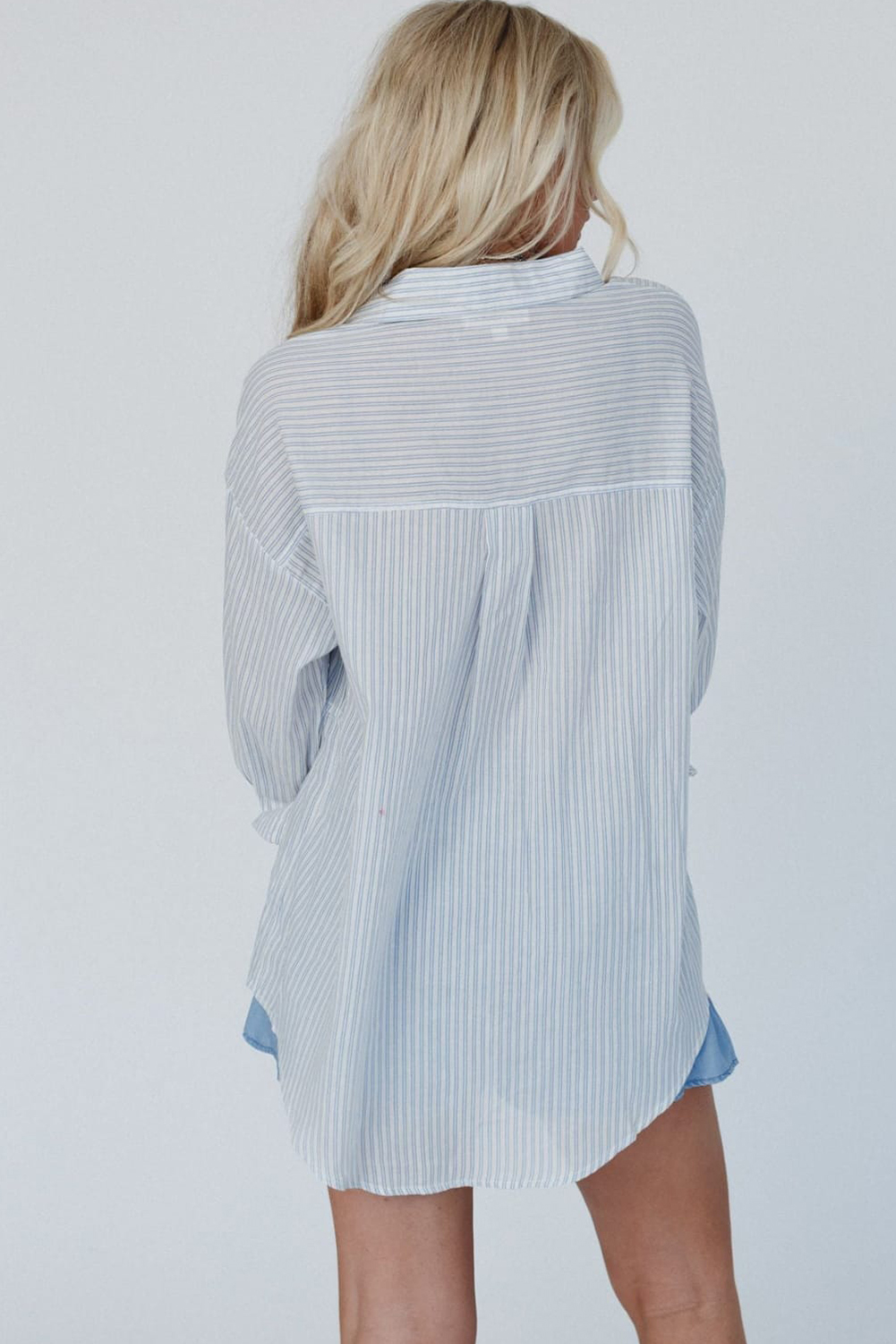 Classic Striped Shirt: Sky Blue with Versatile Button-Up Style - Detail View 2 Classic Striped Shirt: Sky Blue with Versatile Button-Up Style - Detail View 2