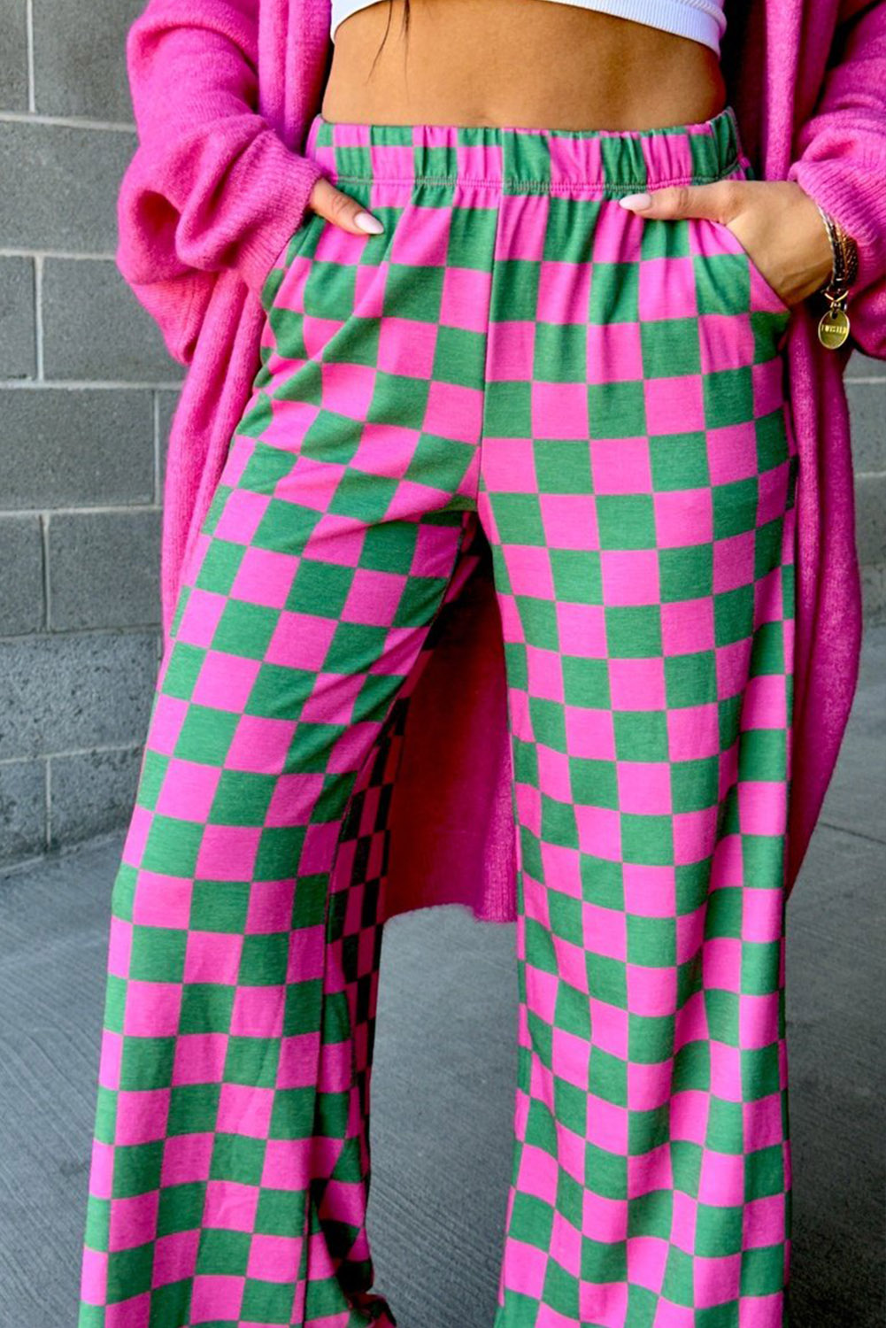 Women's Wide Leg Pants, High Waist, 2-Tone Checked Print, Casual, Comfortable, Retro Inspired, Elegant, Modern, Flattering Fit, Fashionable, Cost Effective, Fine Quality, Daily Wear, Bottoms, Pants & Culotte - Detail View 4 Women's Wide Leg Pants, High Waist, 2-Tone Checked Print, Casual, Comfortable, Retro Inspired, Elegant, Modern, Flattering Fit, Fashionable, Cost Effective, Fine Quality, Daily Wear, Bottoms, Pants & Culotte - Detail View 4