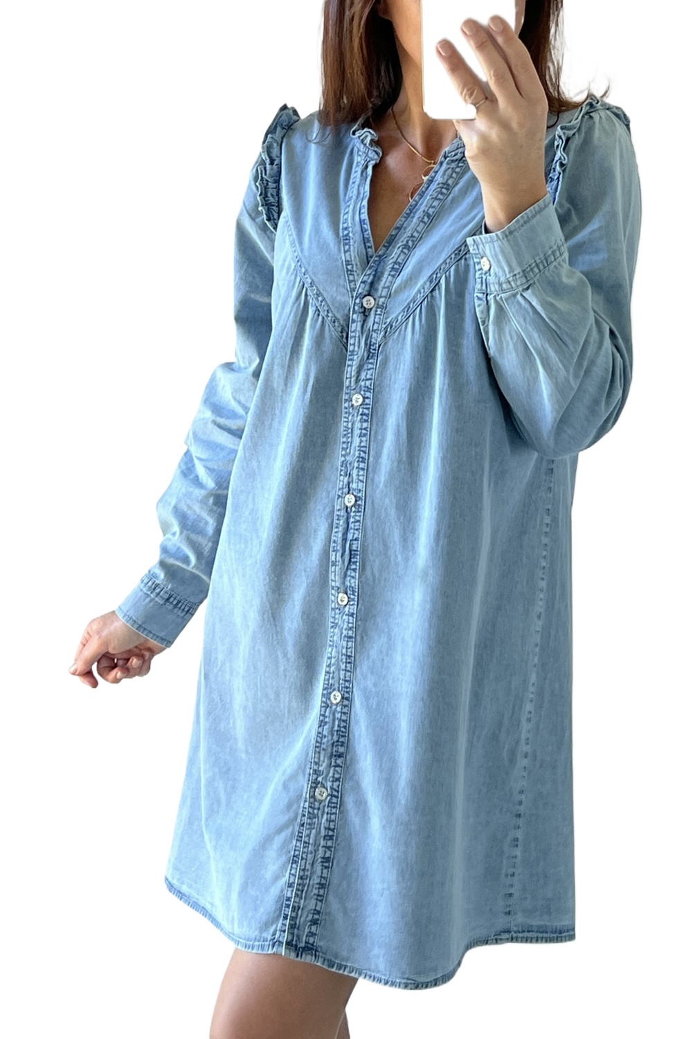 Women's Denim Shirt Dress, Casual Ruffled V Neck Mini - Main View Women's Denim Shirt Dress, Casual Ruffled V Neck Mini - Main View