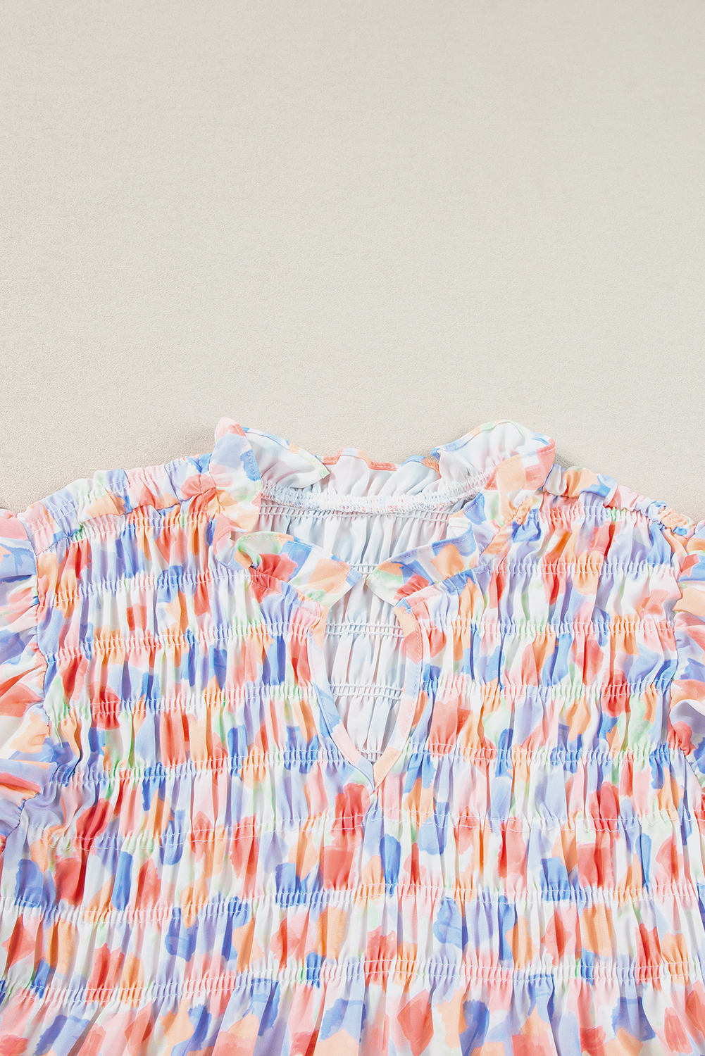 Stylish V-Neck Ruffle Sleeve Blouse: Pink Abstract Print - Detail View 7 Stylish V-Neck Ruffle Sleeve Blouse: Pink Abstract Print - Detail View 7
