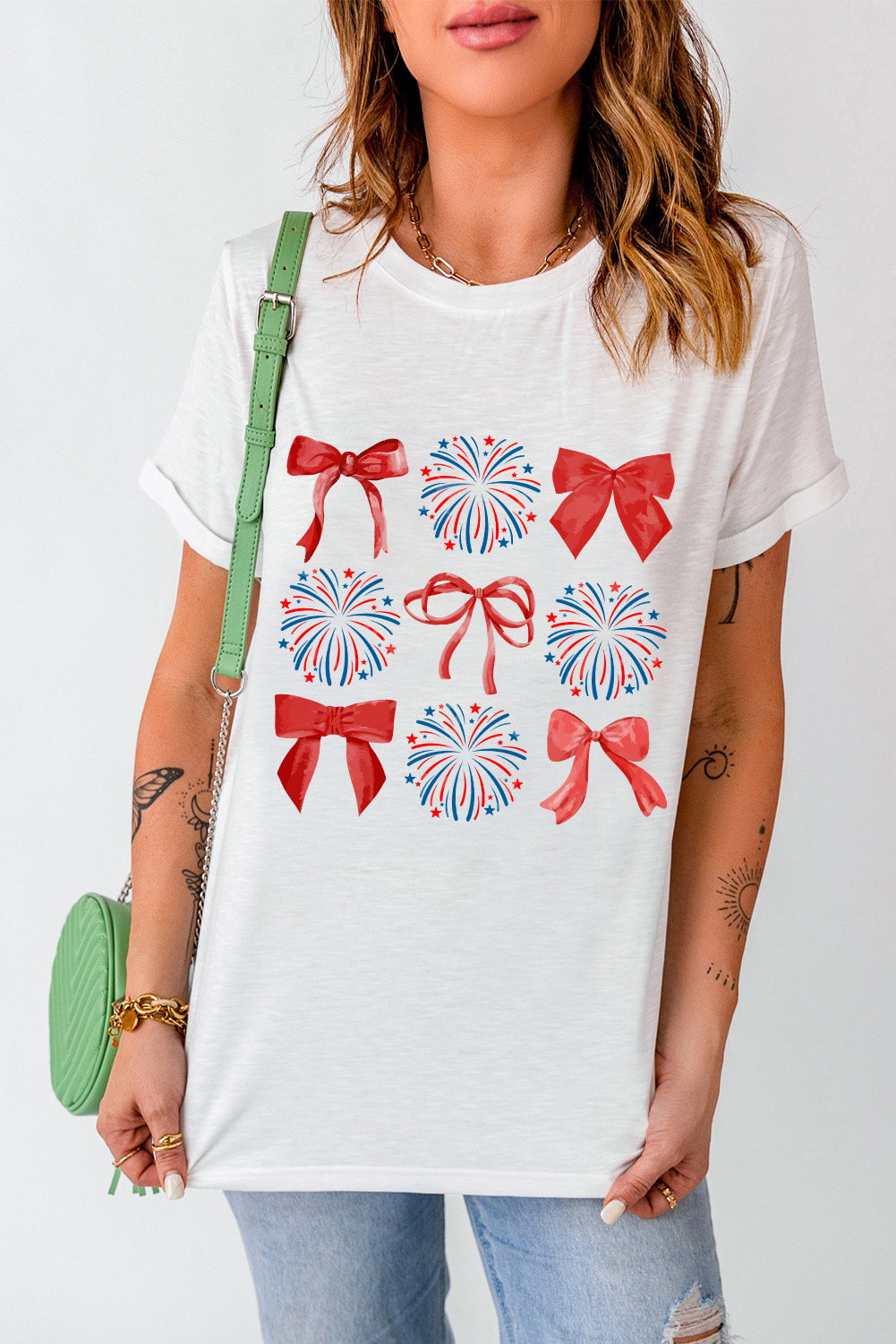 Short Sleeve Holiday Graphic Tee, Casual Patriotic Bow Top - Detail View 8 Short Sleeve Holiday Graphic Tee, Casual Patriotic Bow Top - Detail View 8