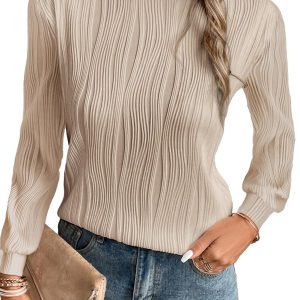 Women's Apricot Textured Wavy Long Sleeve Top - Round Neck - Main View