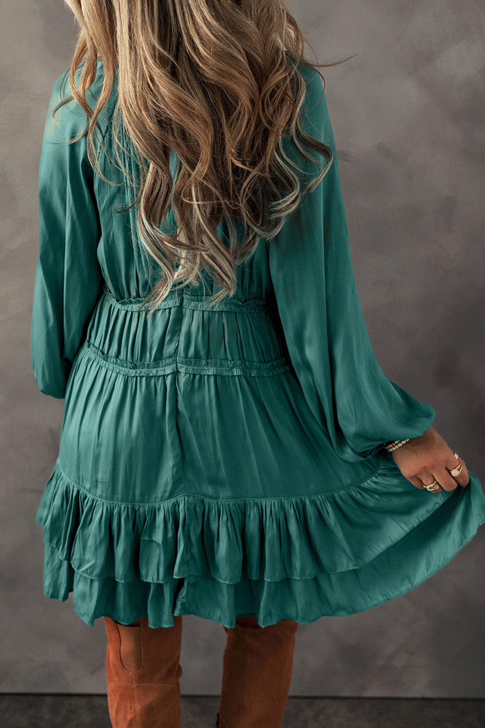 Flirty Mist Green Mini Dress with Tiered Ruffles and Puff Sleeves - Detail View 2 Flirty Mist Green Mini Dress with Tiered Ruffles and Puff Sleeves - Detail View 2