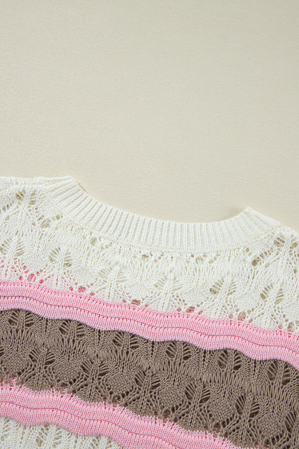 Women's Sweater, Half Sleeve, Brown Stripe, Color Block, Crochet, Patchwork, Cozy, Soft, Chic, Summer Knit, Trendy Pattern, Easy Style, Round Neck, Shift Silhouette, Daily Wear - Detail View 10 Women's Sweater, Half Sleeve, Brown Stripe, Color Block, Crochet, Patchwork, Cozy, Soft, Chic, Summer Knit, Trendy Pattern, Easy Style, Round Neck, Shift Silhouette, Daily Wear - Detail View 10