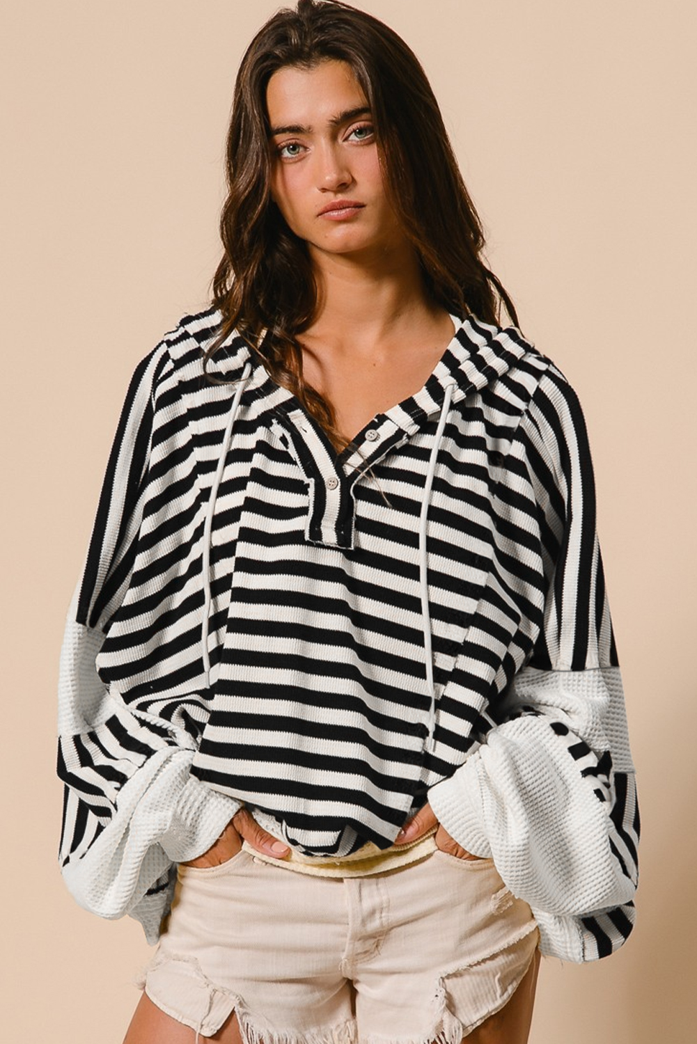 Women's Hoodie, Black and White, Oversized, Striped, Henley, Dolman Sleeve, Long Sleeve, Casual Style, Comfortable, Fall Fashion, Daily Wear, Adjustable Neckline, Cozy Top, Shift Silhouette, Practical Design - Detail View 4 Women's Hoodie, Black and White, Oversized, Striped, Henley, Dolman Sleeve, Long Sleeve, Casual Style, Comfortable, Fall Fashion, Daily Wear, Adjustable Neckline, Cozy Top, Shift Silhouette, Practical Design - Detail View 4