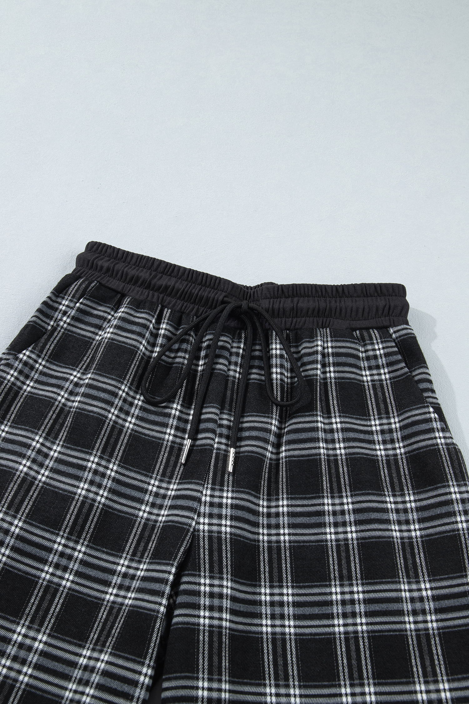 Women's Drawstring Plaid Pants, Wide Leg Trousers - Detail View 9 Women's Drawstring Plaid Pants, Wide Leg Trousers - Detail View 9