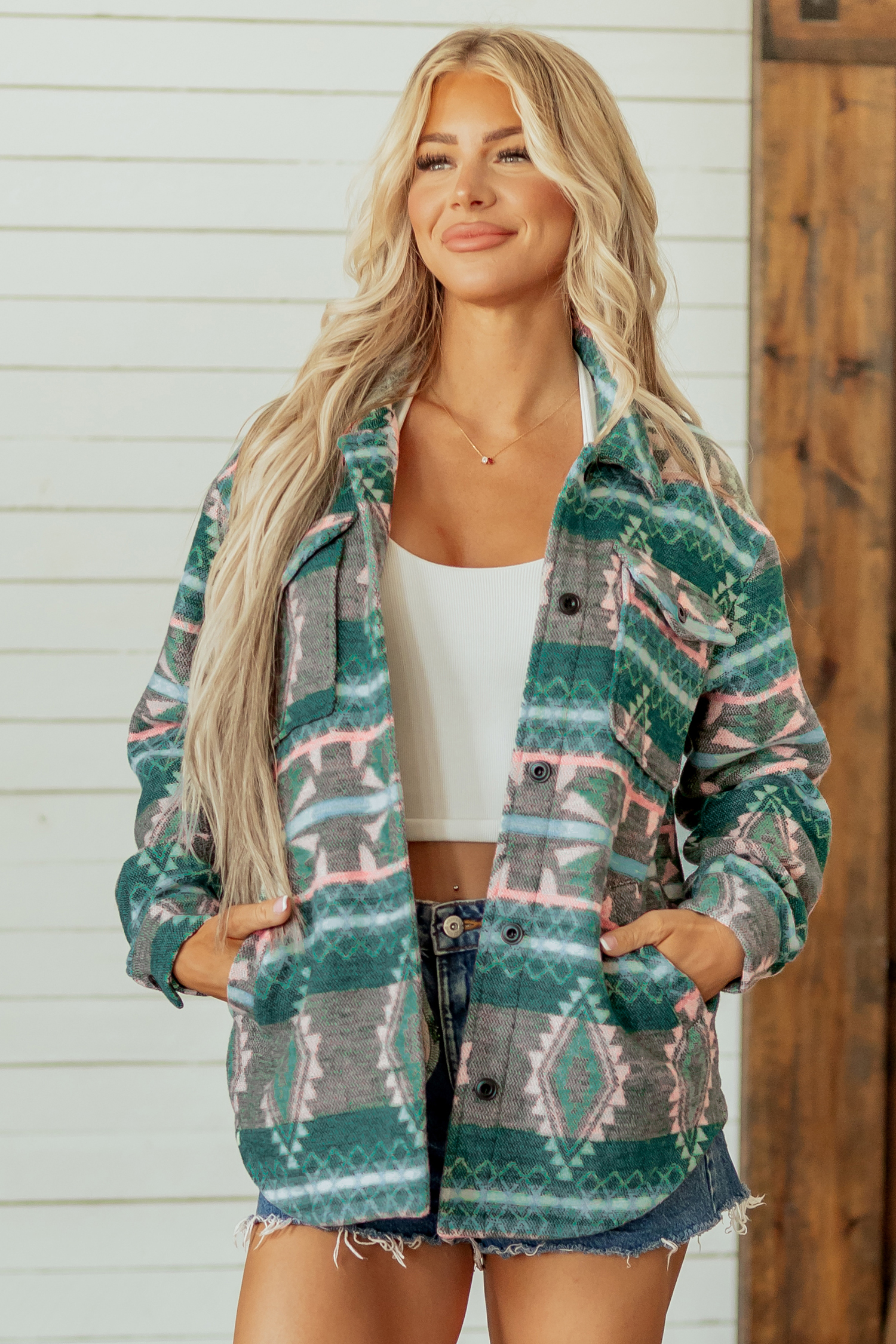 Women's Aztec Print Shacket, Geometric Western Button Jacket - Detail View 5 Women's Aztec Print Shacket, Geometric Western Button Jacket - Detail View 5