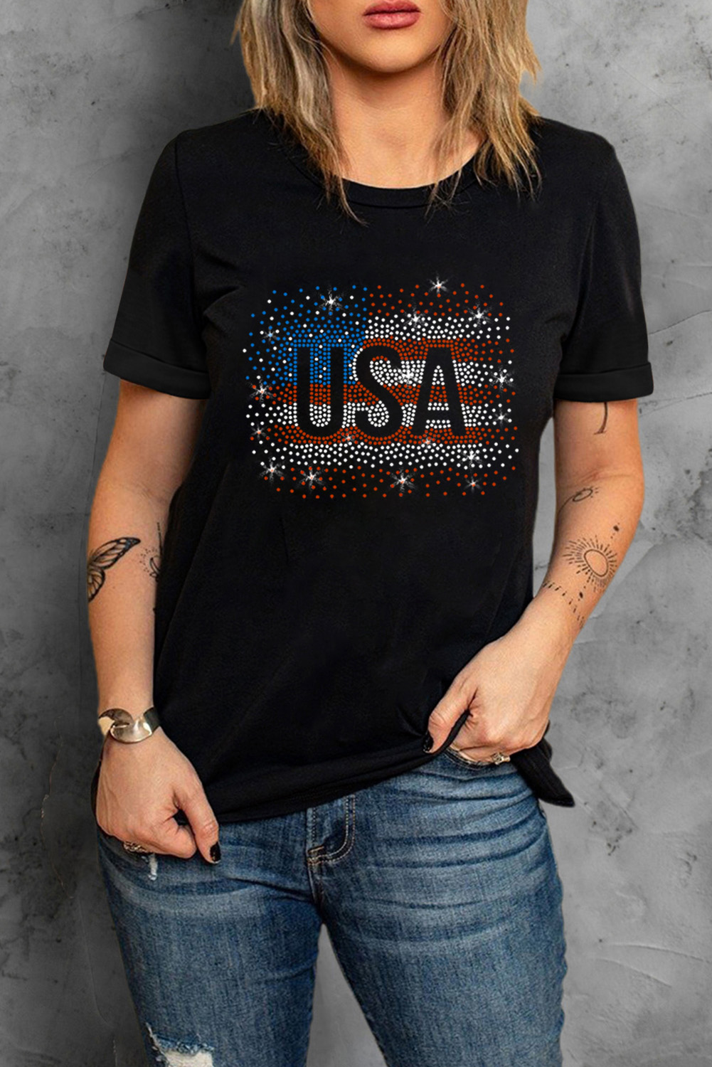 Sparkling Rhinestone Graphic Tee - Casual Crew Neck, Short Sleeves - Detail View 8 Sparkling Rhinestone Graphic Tee - Casual Crew Neck, Short Sleeves - Detail View 8