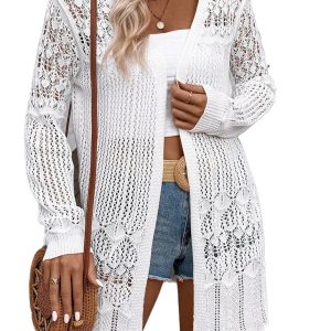 Women's White Crochet Hollow Out Open Front Cardigan - Main View