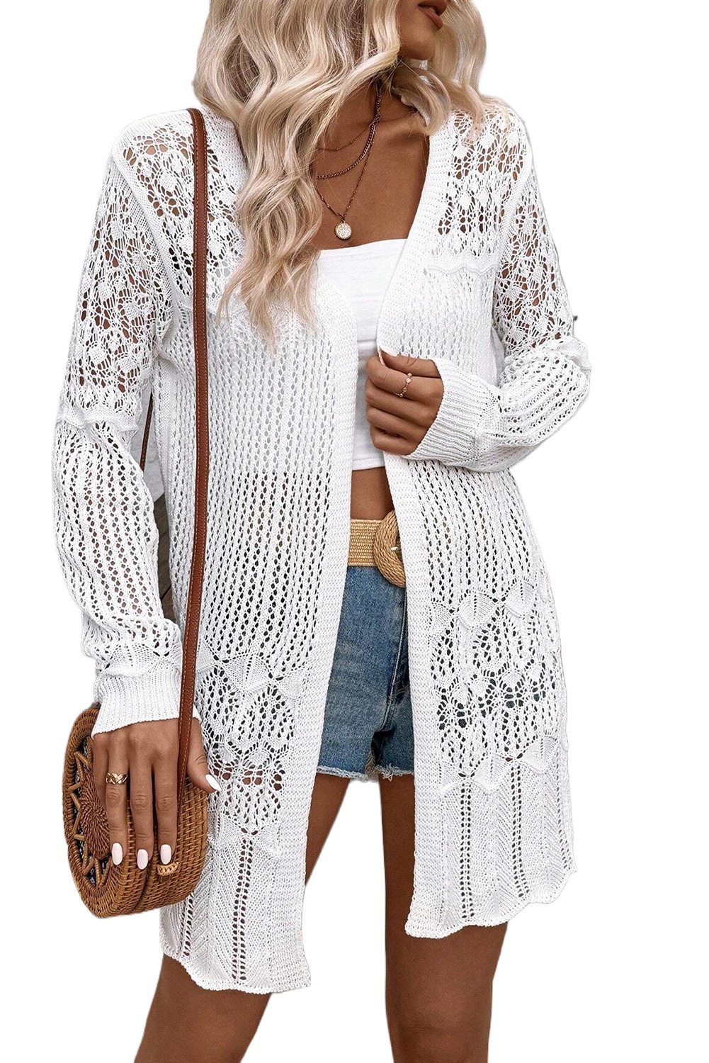 Women's White Crochet Hollow Out Open Front Cardigan - Main View Women's White Crochet Hollow Out Open Front Cardigan - Main View