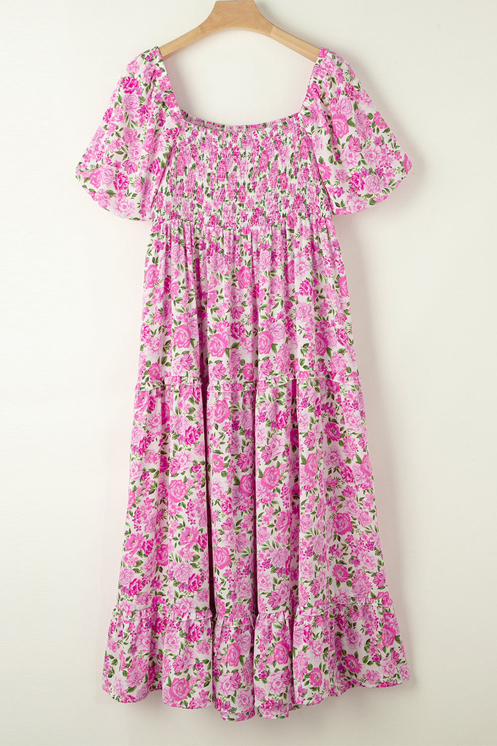 Women's Dress, Pink, Plus Size, Floral Print, Smocked Panel, Puff Sleeve, Maxi Dress, Square Neck, Elegant, Summer, Wedding, Vacation, Formal Event, High Waist, A-Line Silhouette, Romantic, Backless, Ruffle, Frill, Shirred, Multicolor, Sophisticated Style - Detail View 10 Women's Dress, Pink, Plus Size, Floral Print, Smocked Panel, Puff Sleeve, Maxi Dress, Square Neck, Elegant, Summer, Wedding, Vacation, Formal Event, High Waist, A-Line Silhouette, Romantic, Backless, Ruffle, Frill, Shirred, Multicolor, Sophisticated Style - Detail View 10