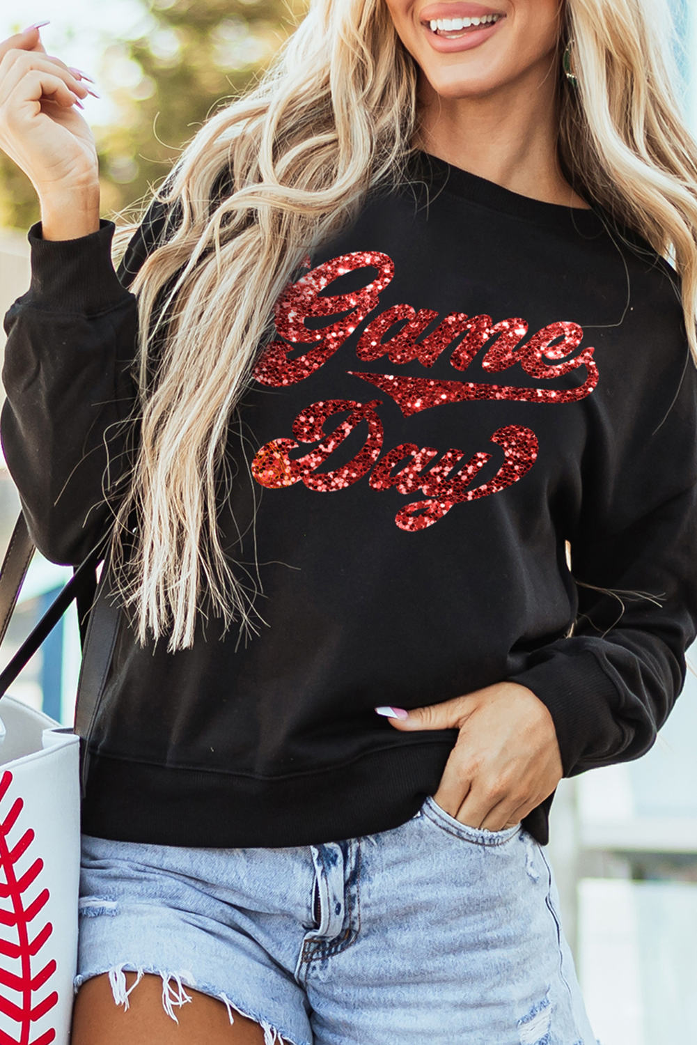 Women's Sweatshirt, Black Graphic, Game Day, Pullover, Casual, Comfortable, Long Sleeve, Dropped Sleeves, Round Neck, Cotton Blend, Fall Fashion, Everyday Wear, Trendy Design, Shift Silhouette, Letter Print, Fashion Wardrobe - Detail View 4 Women's Sweatshirt, Black Graphic, Game Day, Pullover, Casual, Comfortable, Long Sleeve, Dropped Sleeves, Round Neck, Cotton Blend, Fall Fashion, Everyday Wear, Trendy Design, Shift Silhouette, Letter Print, Fashion Wardrobe - Detail View 4