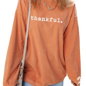 Women's Cozy orange Thankful Ribbed Crew Neck Sweatshirt - Main View
