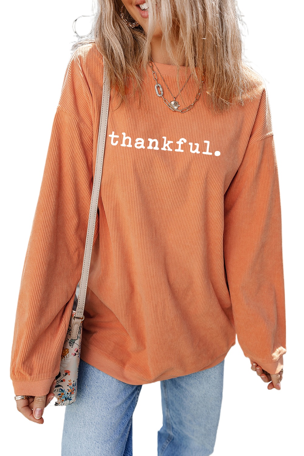 Women's Cozy orange Thankful Ribbed Crew Neck Sweatshirt - Main View Women's Cozy orange Thankful Ribbed Crew Neck Sweatshirt - Main View