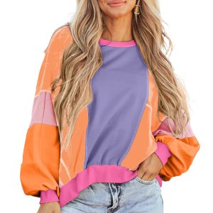 Women's Oversized Orchid Petal Colorblock Patchwork Exposed Stitching Top - Main View