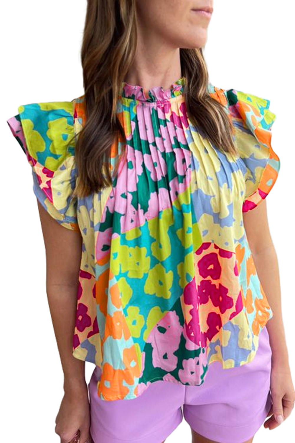 Women's Blouse, Multicolour Abstract Print, Pleated Design, Flutter Sleeves, Feminine, Stylish, Modern, Artistic, Abstract Pattern, Summer Wear, Daily Wear, Country Style, Frilled Neck, Textured Look, Captivating Prints, 100% Polyester - Detail View 10 Women's Blouse, Multicolour Abstract Print, Pleated Design, Flutter Sleeves, Feminine, Stylish, Modern, Artistic, Abstract Pattern, Summer Wear, Daily Wear, Country Style, Frilled Neck, Textured Look, Captivating Prints, 100% Polyester - Detail View 10