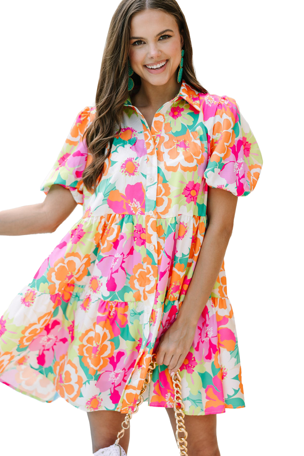 Chic Pink Floral Mini Dress with Puff Sleeves and Collared Design - Detail View 2 Chic Pink Floral Mini Dress with Puff Sleeves and Collared Design - Detail View 2