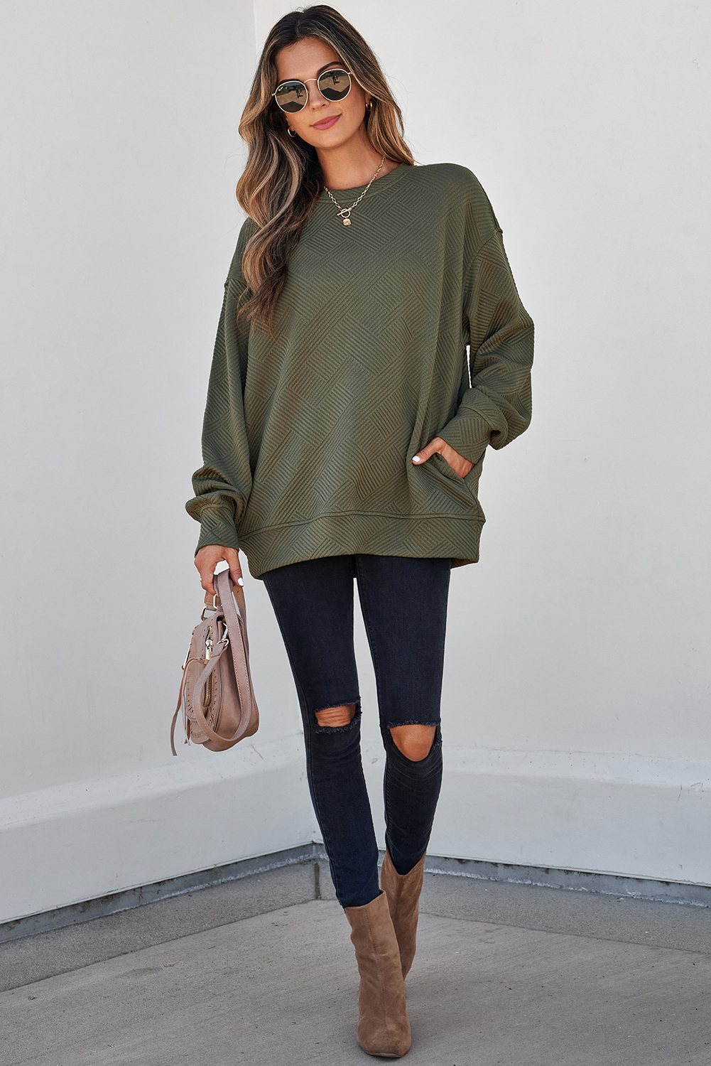 Women's Jungle Green Sweatshirt, Textured Round Neck Pullover - Detail View 7 Women's Jungle Green Sweatshirt, Textured Round Neck Pullover - Detail View 7