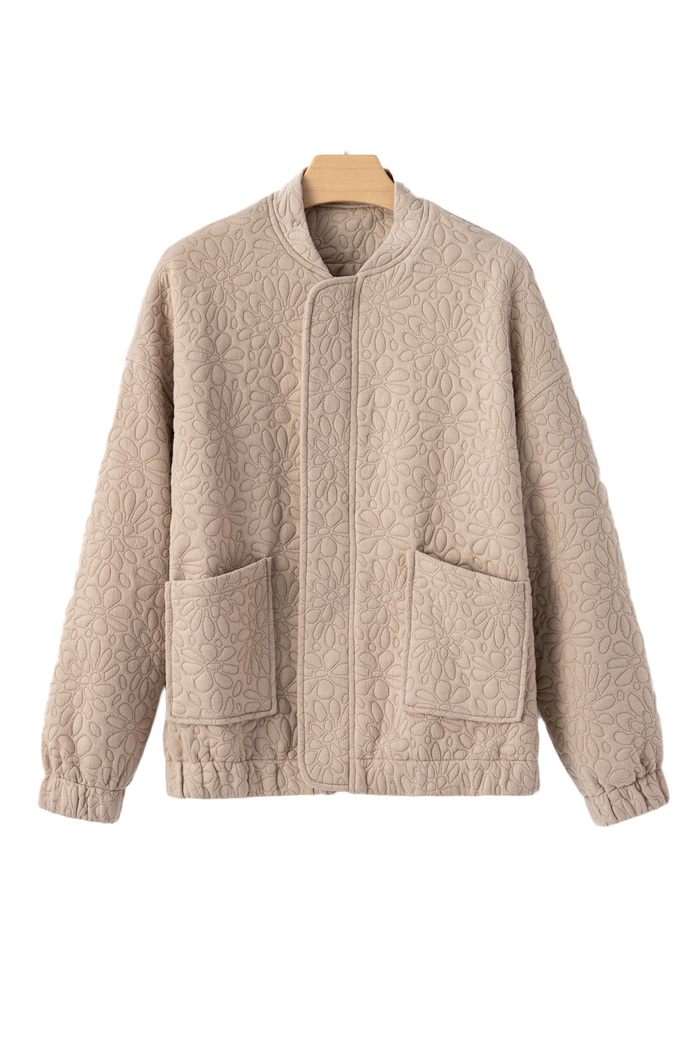 Add a touch of elegance to your wardrobe with this Women's Light French Beige Floral Quilted Jacket. The quilted fabric features a stunning floral design, making it a standout piece for any occasion. The long sleeves and drop shoulders create a comfortable and relaxed fit, while the full-zipped closure ensures a secure and warm wear. This stylish jacket is perfect for daily wear, and its solid color makes it easy to pair with your favorite outfits. The quited design and floral pattern add a touch of whimsy and playfulness, making it a great addition to your winter wardrobe. Whether you're running errands or meeting friends, this jacket is sure to turn heads. - Detail View 24 Add a touch of elegance to your wardrobe with this Women's Light French Beige Floral Quilted Jacket. The quilted fabric features a stunning floral design, making it a standout piece for any occasion. The long sleeves and drop shoulders create a comfortable and relaxed fit, while the full-zipped closure ensures a secure and warm wear. This stylish jacket is perfect for daily wear, and its solid color makes it easy to pair with your favorite outfits. The quited design and floral pattern add a touch of whimsy and playfulness, making it a great addition to your winter wardrobe. Whether you're running errands or meeting friends, this jacket is sure to turn heads. - Detail View 24