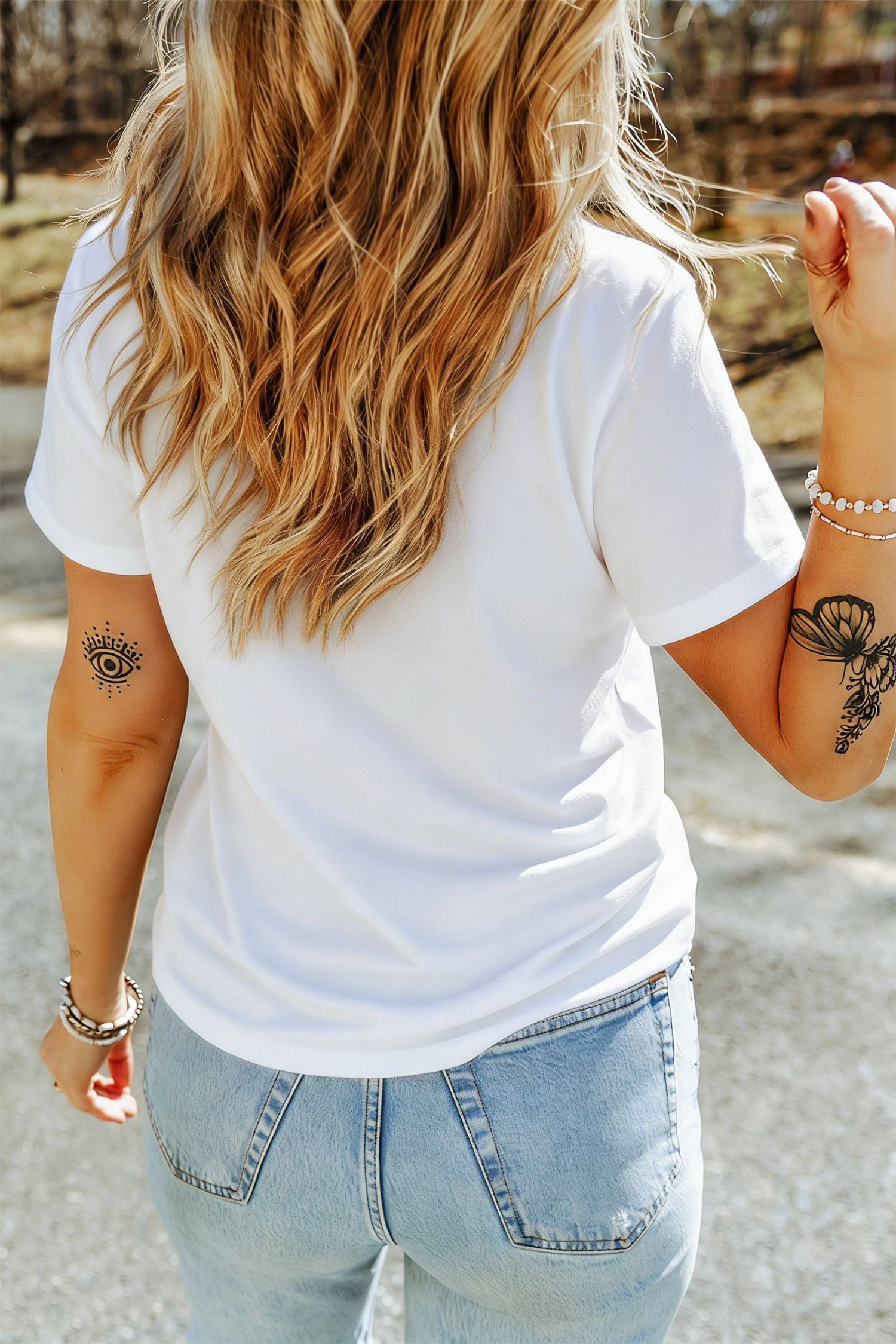 Casual Round Neck T-Shirt, Women's White Camo Graphic Tee - Detail View 6 Casual Round Neck T-Shirt, Women's White Camo Graphic Tee - Detail View 6