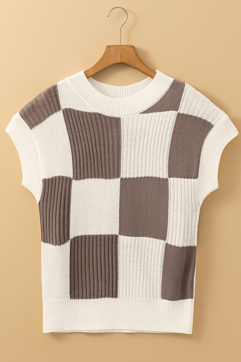 Women's Sweater, Khaki Color Block, Checkered Pattern, Crew Neck, Short Sleeve, Casual Fit, Classic Style, Plaid Design, Daily Wear, Fall Fashion, Comfortable, Trendy, Sweaters & Cardigans, Best Sellers - Detail View 8 Women's Sweater, Khaki Color Block, Checkered Pattern, Crew Neck, Short Sleeve, Casual Fit, Classic Style, Plaid Design, Daily Wear, Fall Fashion, Comfortable, Trendy, Sweaters & Cardigans, Best Sellers - Detail View 8