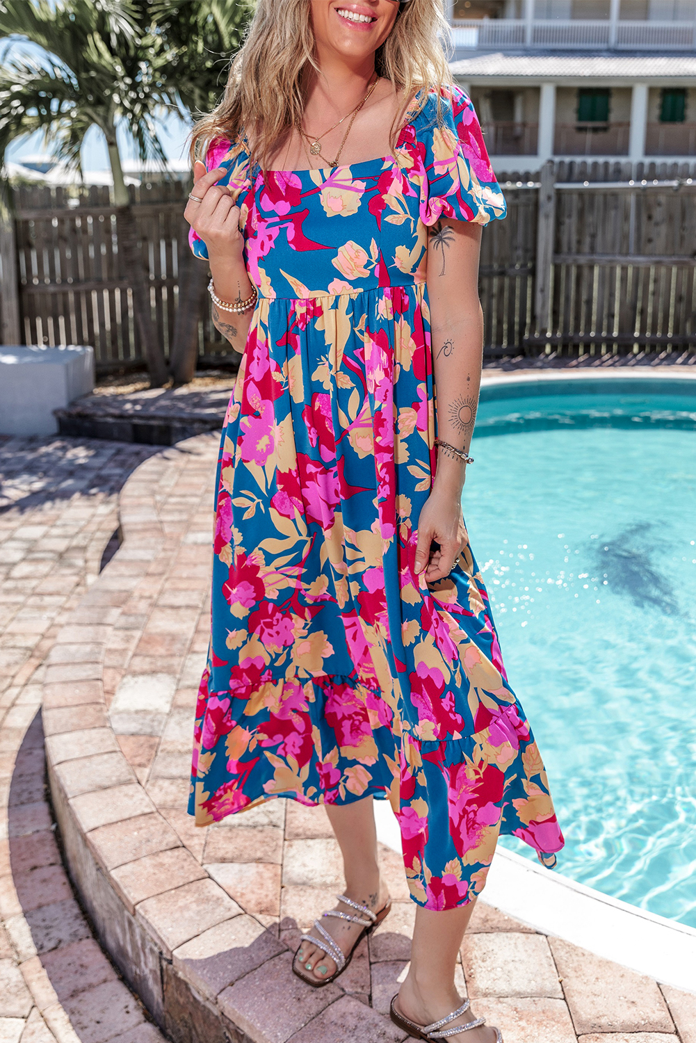 Chic Dark Blue Floral Dress, Relaxed Fit Summer Vacation - Detail View 6 Chic Dark Blue Floral Dress, Relaxed Fit Summer Vacation - Detail View 6