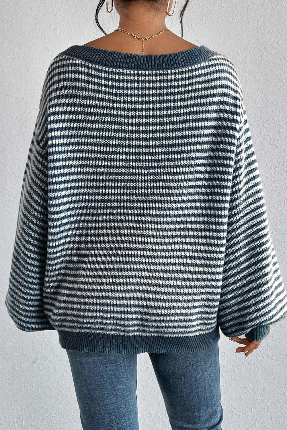 Chic and Cozy Sweater with Lantern Sleeves - Sail Blue Striped Pattern - Detail View 2 Chic and Cozy Sweater with Lantern Sleeves - Sail Blue Striped Pattern - Detail View 2