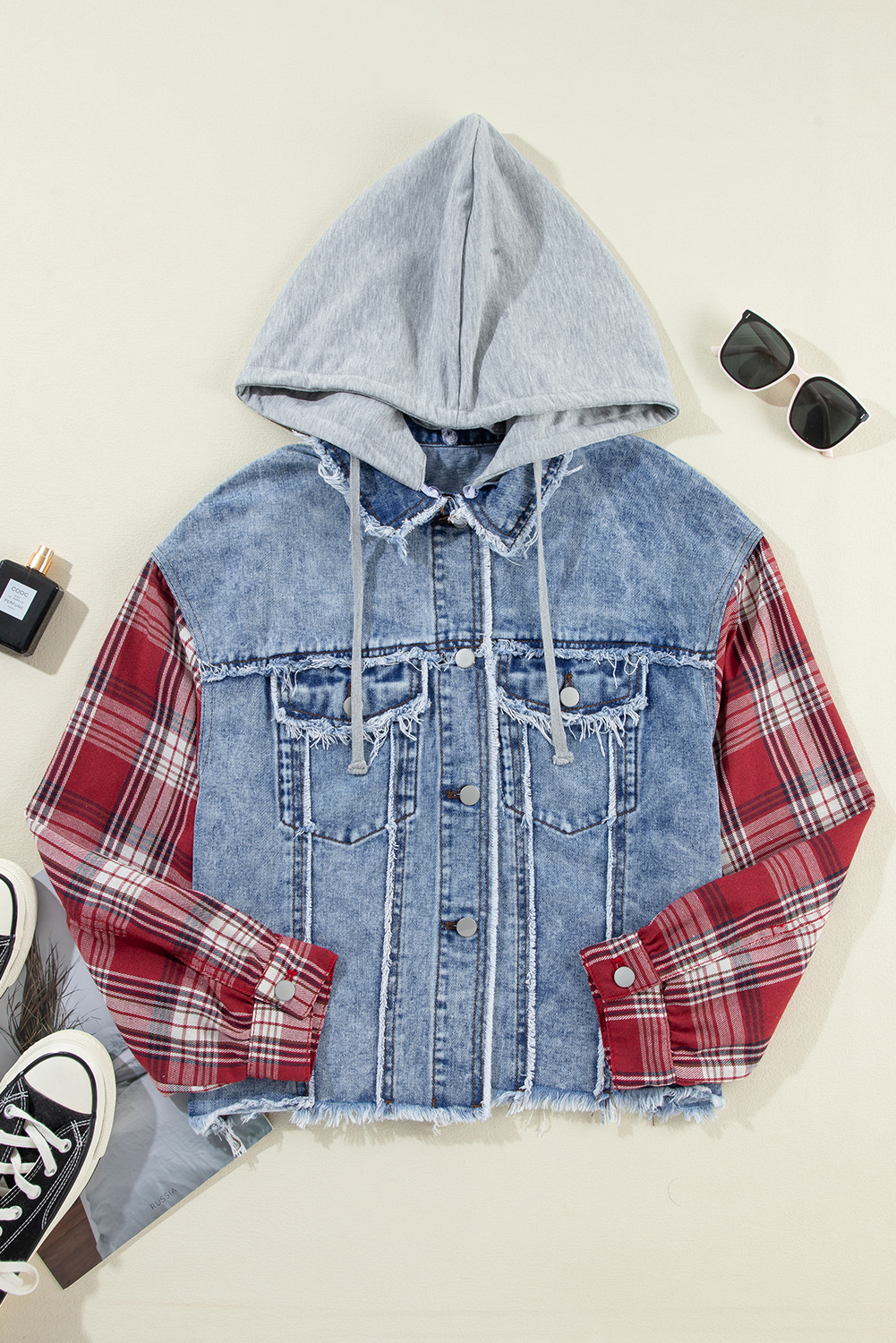 Women's Jacket, Beau Blue, Plaid Print, Hooded, Denim, Raw Hem, Distressed Details, Casual Style, Spring Fashion, Trendy, Daily Wear, Western Style, Patchwork Craft, Best Sellers, Outerwear - Detail View 10 Women's Jacket, Beau Blue, Plaid Print, Hooded, Denim, Raw Hem, Distressed Details, Casual Style, Spring Fashion, Trendy, Daily Wear, Western Style, Patchwork Craft, Best Sellers, Outerwear - Detail View 10