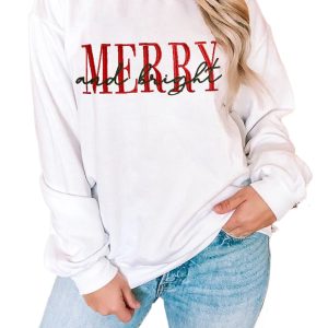 Women's Beige MERRY and Bright Embroidered Letter Graphic Sweatshirt - Main View
