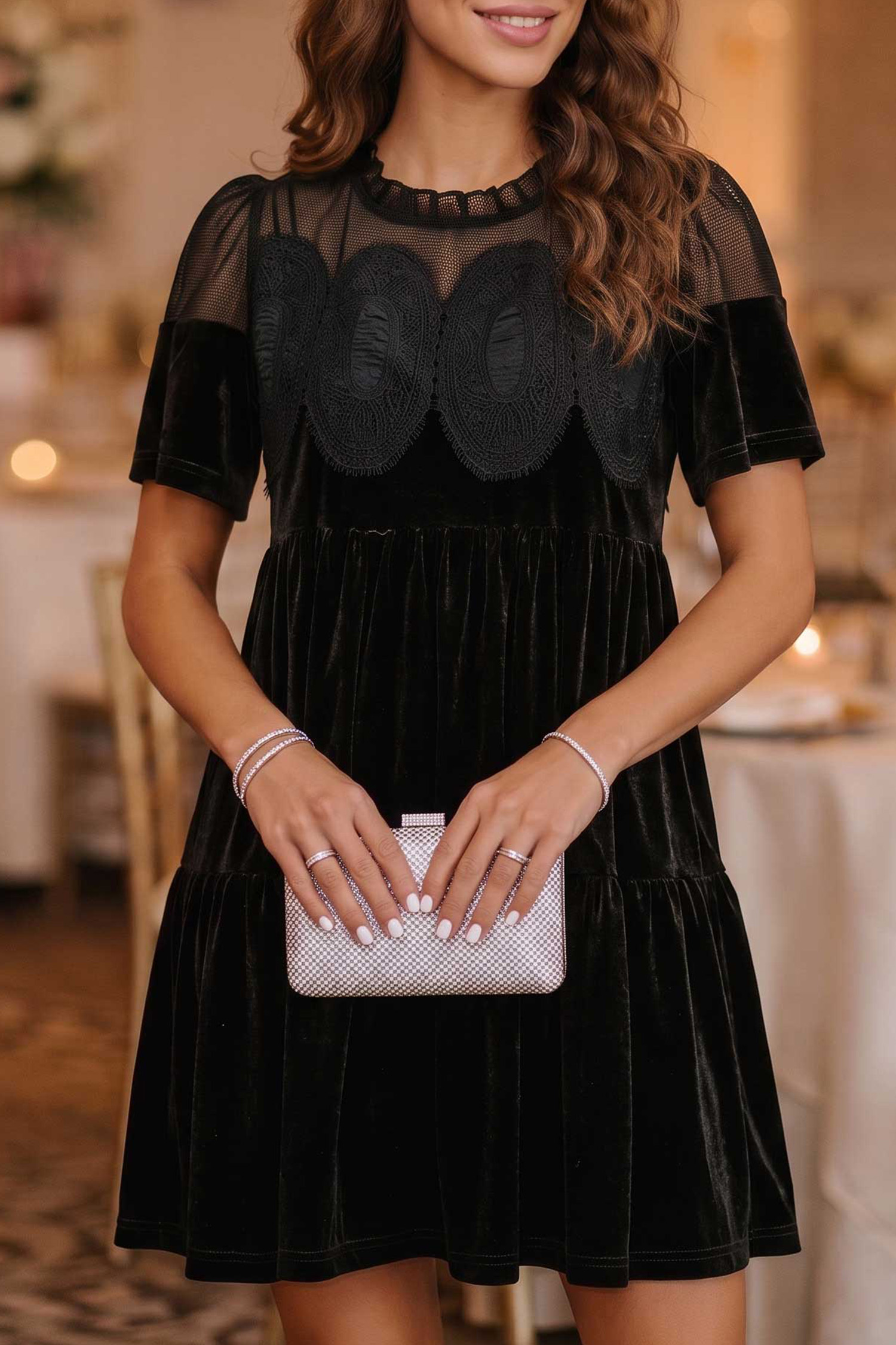 Short Sleeve Velvet Mini Dress, Chic Contrast Lace Night Out - Detail View 2 Short Sleeve Velvet Mini Dress, Chic Contrast Lace Night Out - Detail View 2