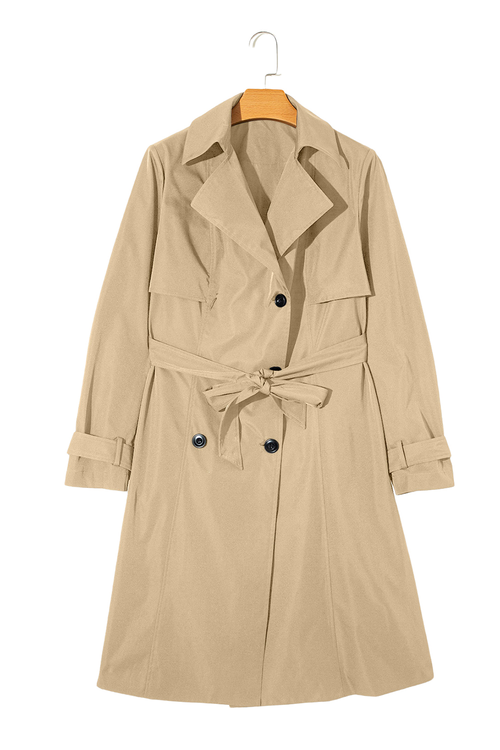 Women's Pale Khaki Solid Color Lapel Collar Waist Tie Wind Coat - Detail View 13 Women's Pale Khaki Solid Color Lapel Collar Waist Tie Wind Coat - Detail View 13