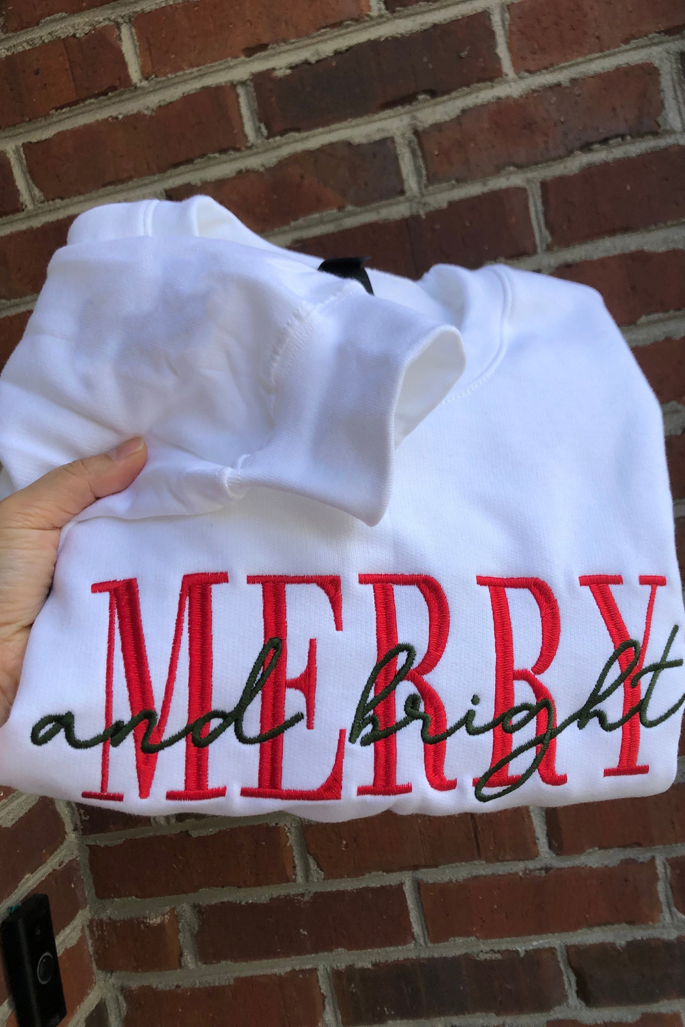 Women's Beige MERRY and Bright Embroidered Letter Graphic Sweatshirt - Detail View 9 Women's Beige MERRY and Bright Embroidered Letter Graphic Sweatshirt - Detail View 9