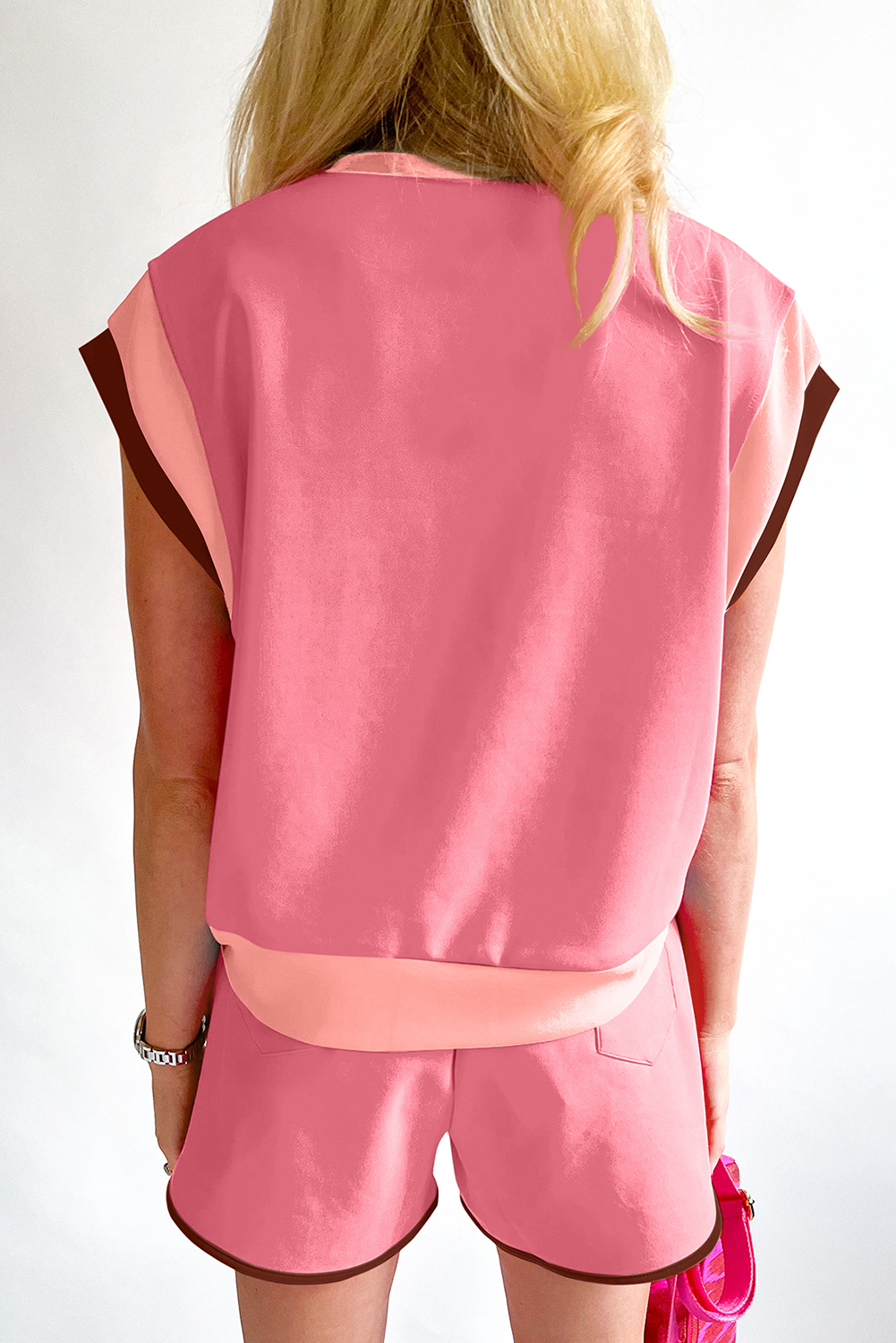 Women's Casual Two Piece Set, Peach Blossom Trim Tee Shorts - Detail View 3 Women's Casual Two Piece Set, Peach Blossom Trim Tee Shorts - Detail View 3