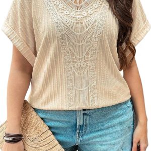 Women's Plus Size Beige Lace Crochet Patched Cable Knit Top with Cuffed Short Sleeves - Main View