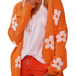 Women's Orange Floral Print Knitted Open Front Loose Cardigan - Main View