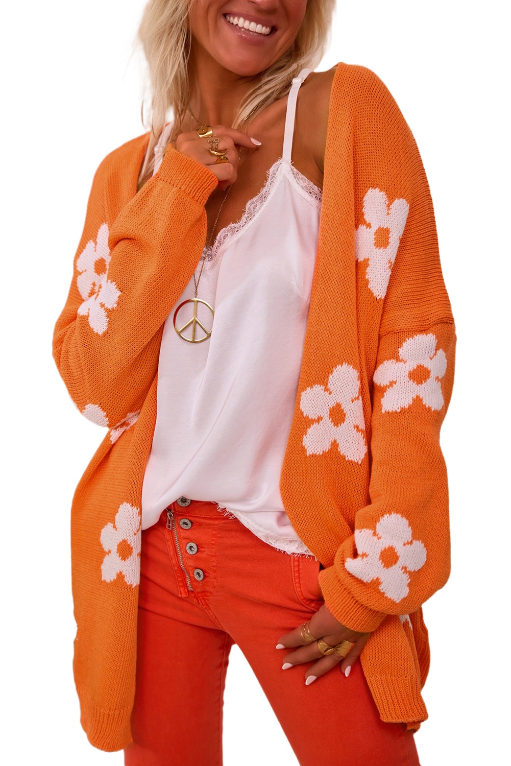 Women's Orange Floral Print Knitted Open Front Loose Cardigan - Main View Women's Orange Floral Print Knitted Open Front Loose Cardigan - Main View