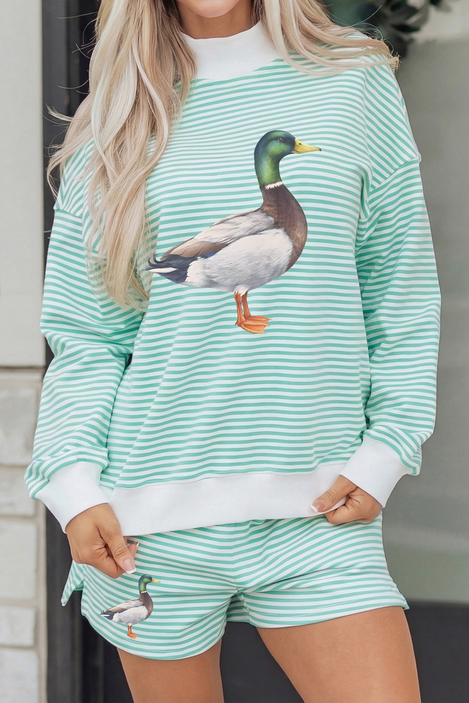 Women's Mallard Duck Sweatshirt Set, Green Striped Lounge - Detail View 7 Women's Mallard Duck Sweatshirt Set, Green Striped Lounge - Detail View 7