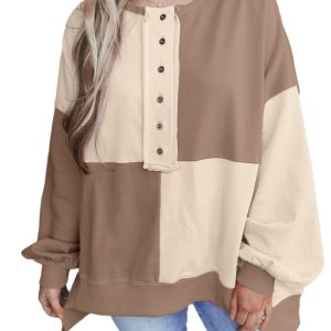 Women's Parchment Colorblock Henley Oversize Sweatshirt - Main View