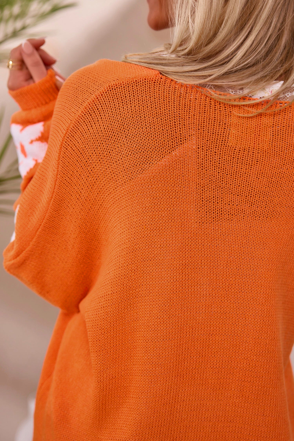 Chic Long Sleeve Cardigan: Floral Print, Knitted Construction - Orange - Detail View 2 Chic Long Sleeve Cardigan: Floral Print, Knitted Construction - Orange - Detail View 2